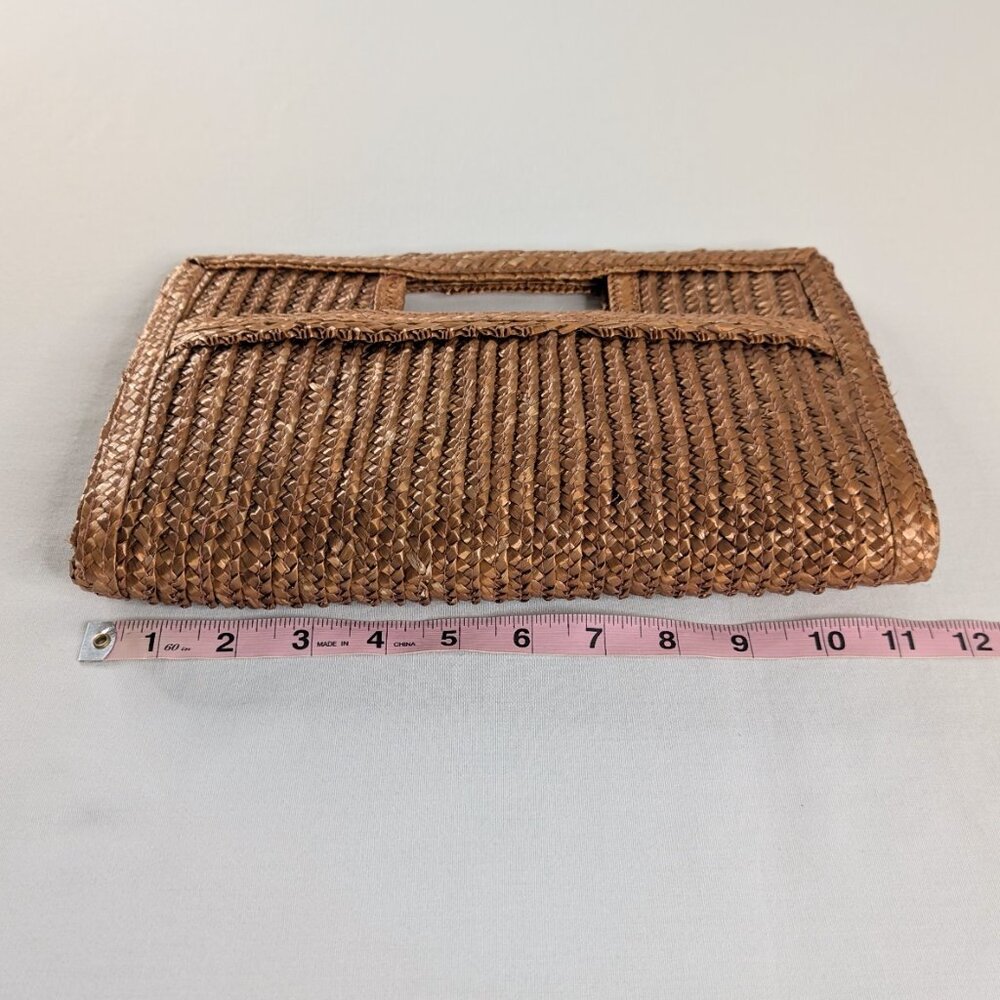 VTG Tan Woven Top Handle Front Pocket Claps Closure Clutch Bag - Picture 4 of 7